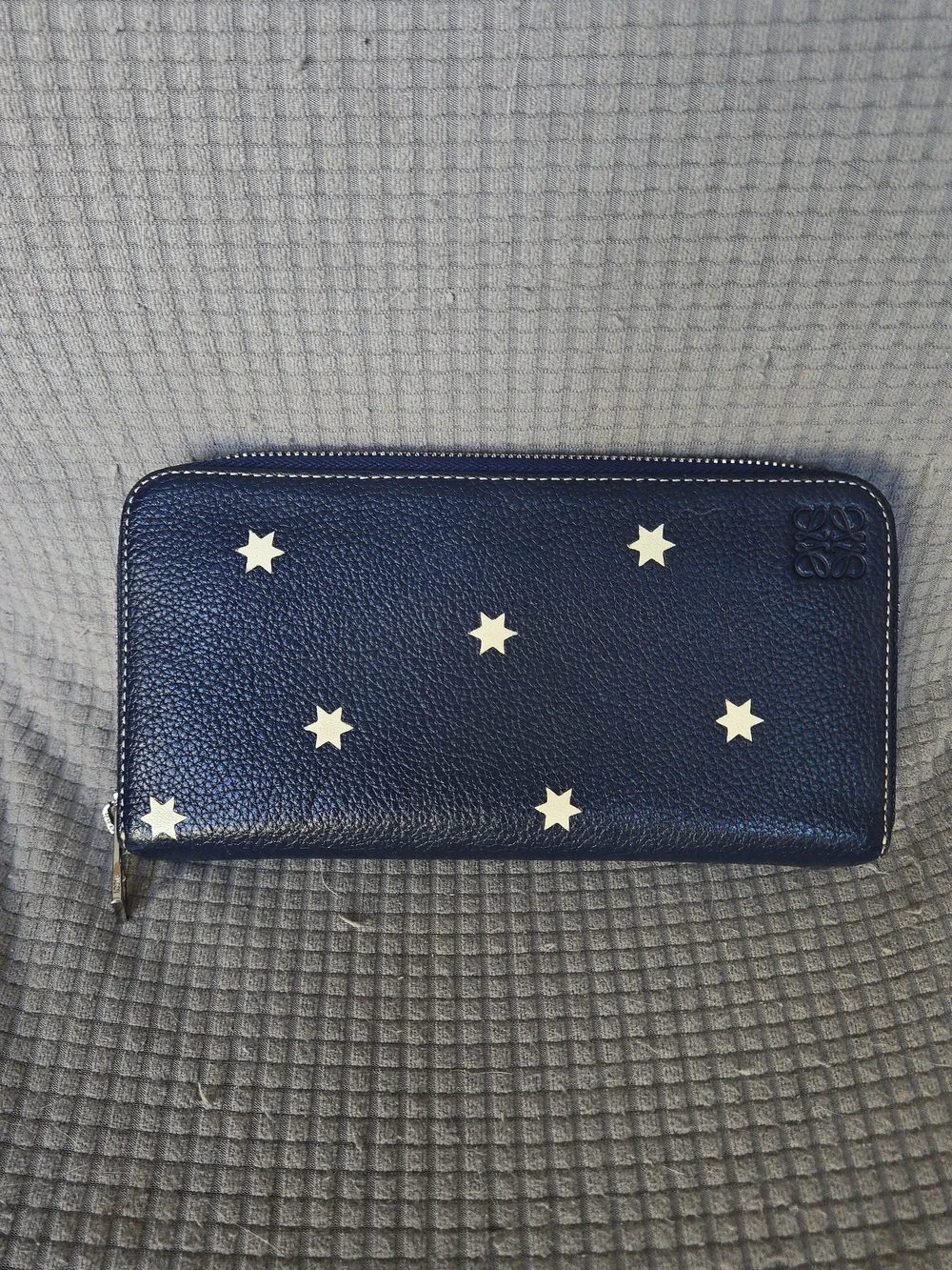 Loewe Navy Pebbled Leather Zip Wallet with Cream Star Accents